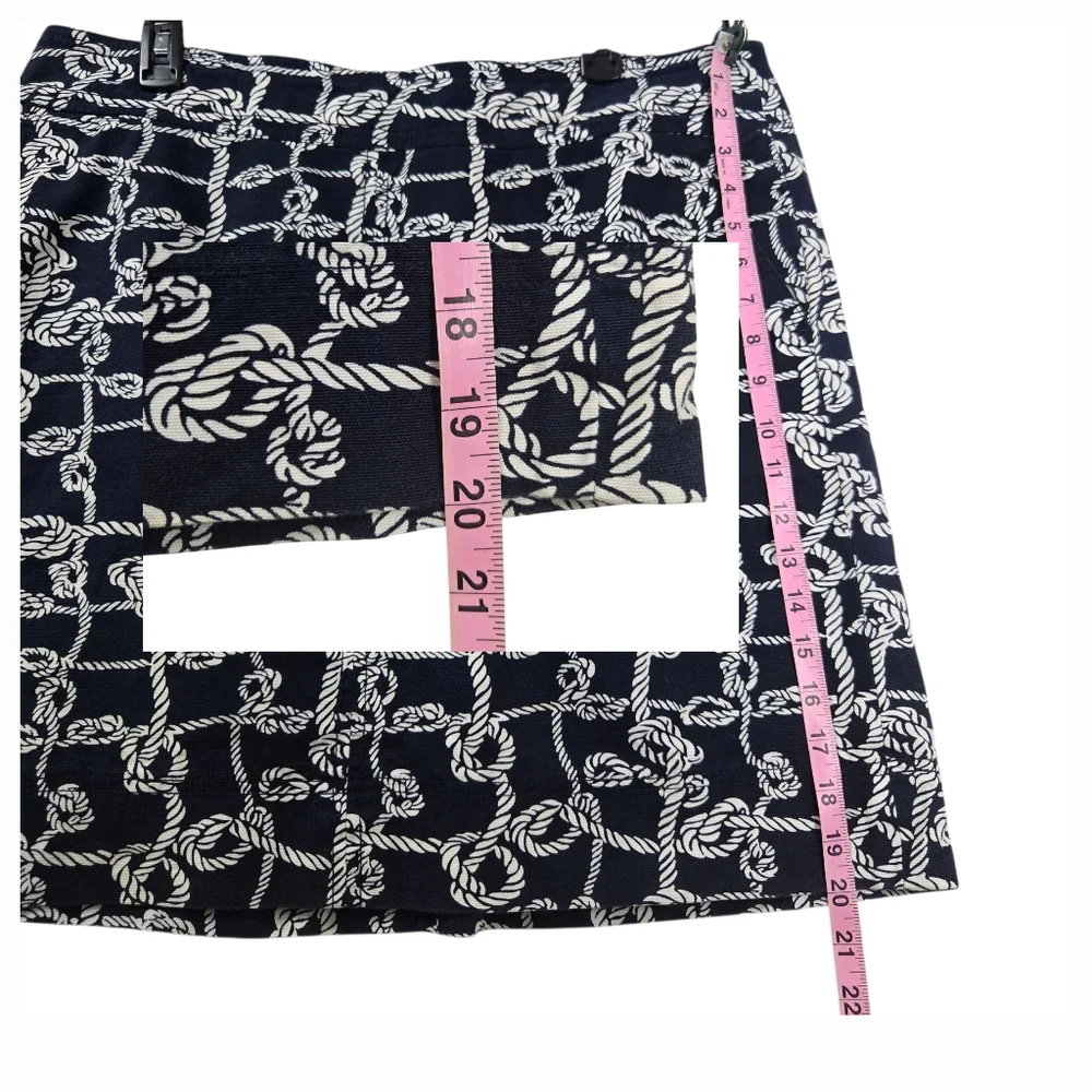 Talbots Rope Knot Print‎ Mini Skirt Navy Blue White Cotton Stretch Pockets